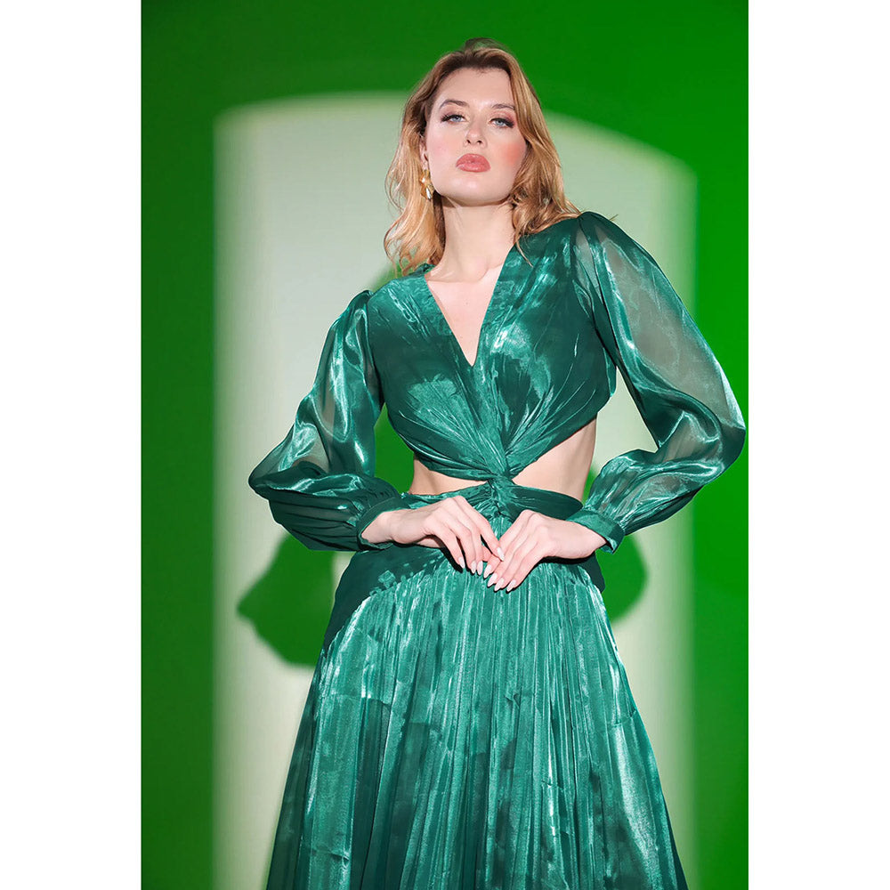 Kayjay by Kritika Jain Green Solid Full Sleeves V-Neck Gown