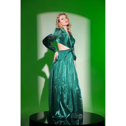 Kayjay by Kritika Jain Green Solid Full Sleeves V-Neck Gown