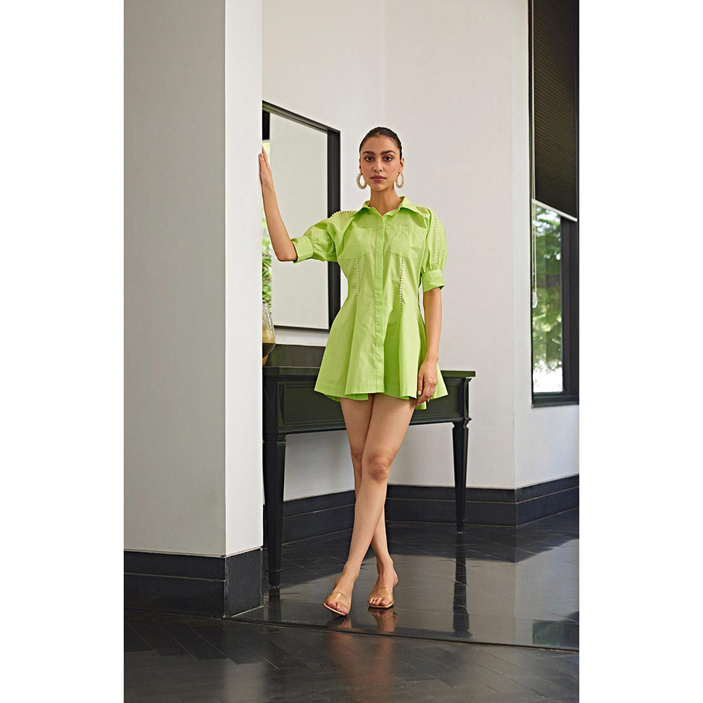 Kay Kay BY KKHUSHI SAHAII Green Embellished/Sequined Neon Shirt Mini Dress