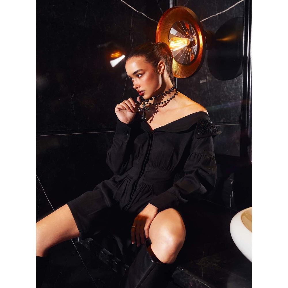 Kay Kay BY KKHUSHI SAHAII Women Mini V-Neck Full Sleeves Vivianne Black Dress
