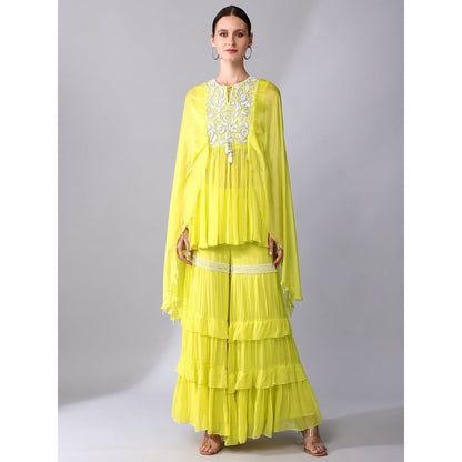 KEITH GOMES Pearl Embroidered Yellow Organza Silk Tunic & Sharara (Set of 2)