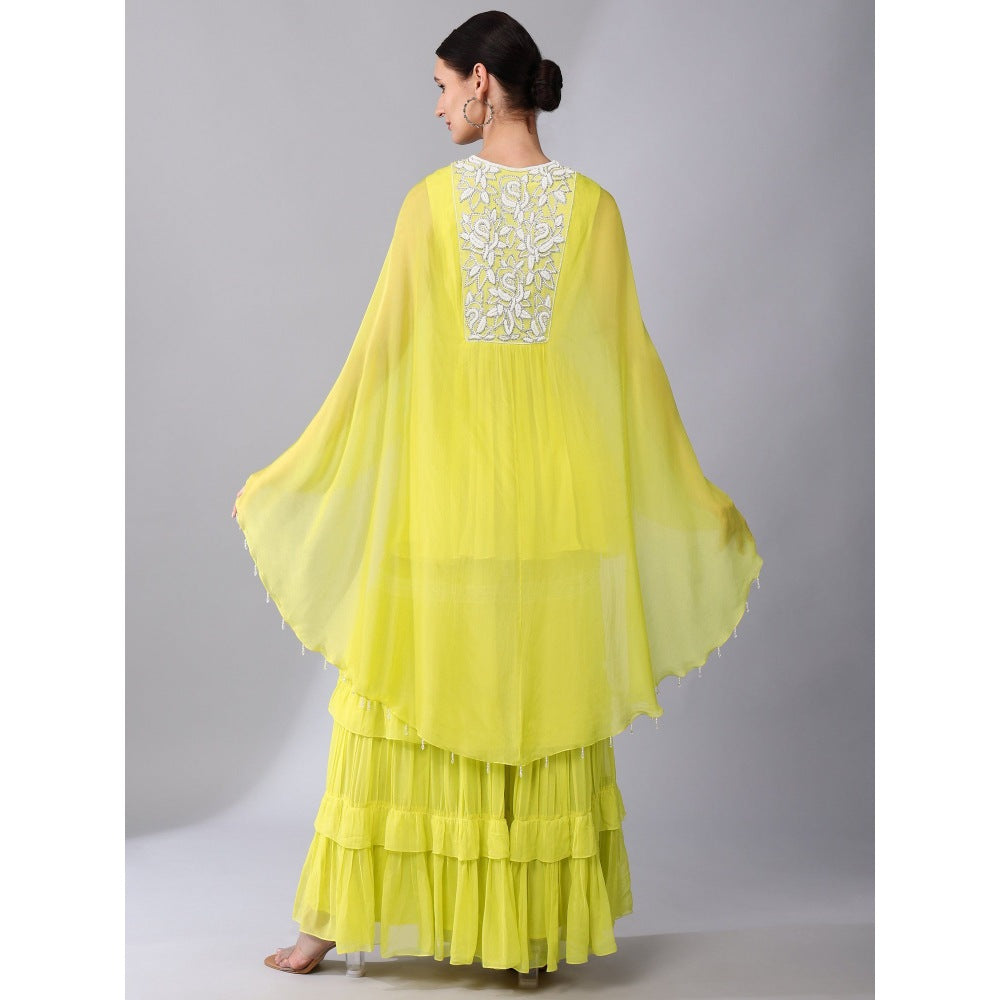 KEITH GOMES Pearl Embroidered Yellow Organza Silk Tunic & Sharara (Set of 2)