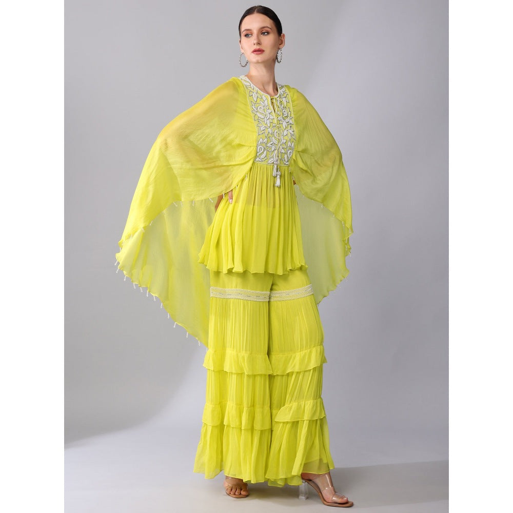 KEITH GOMES Pearl Embroidered Yellow Organza Silk Tunic & Sharara (Set of 2)