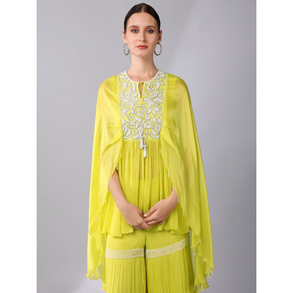 KEITH GOMES Pearl Embroidered Yellow Organza Silk Tunic & Sharara (Set of 2)