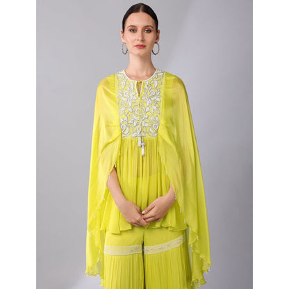 KEITH GOMES Pearl Embroidered Yellow Organza Silk Tunic & Sharara (Set of 2)