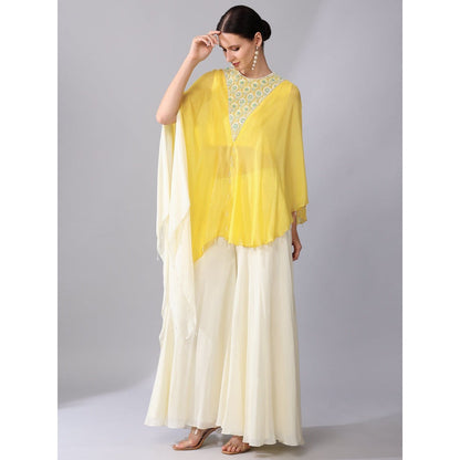 KEITH GOMES Yellow Flower Motifs Yoke Ombre Tunic & Palazzo (Set of 2)