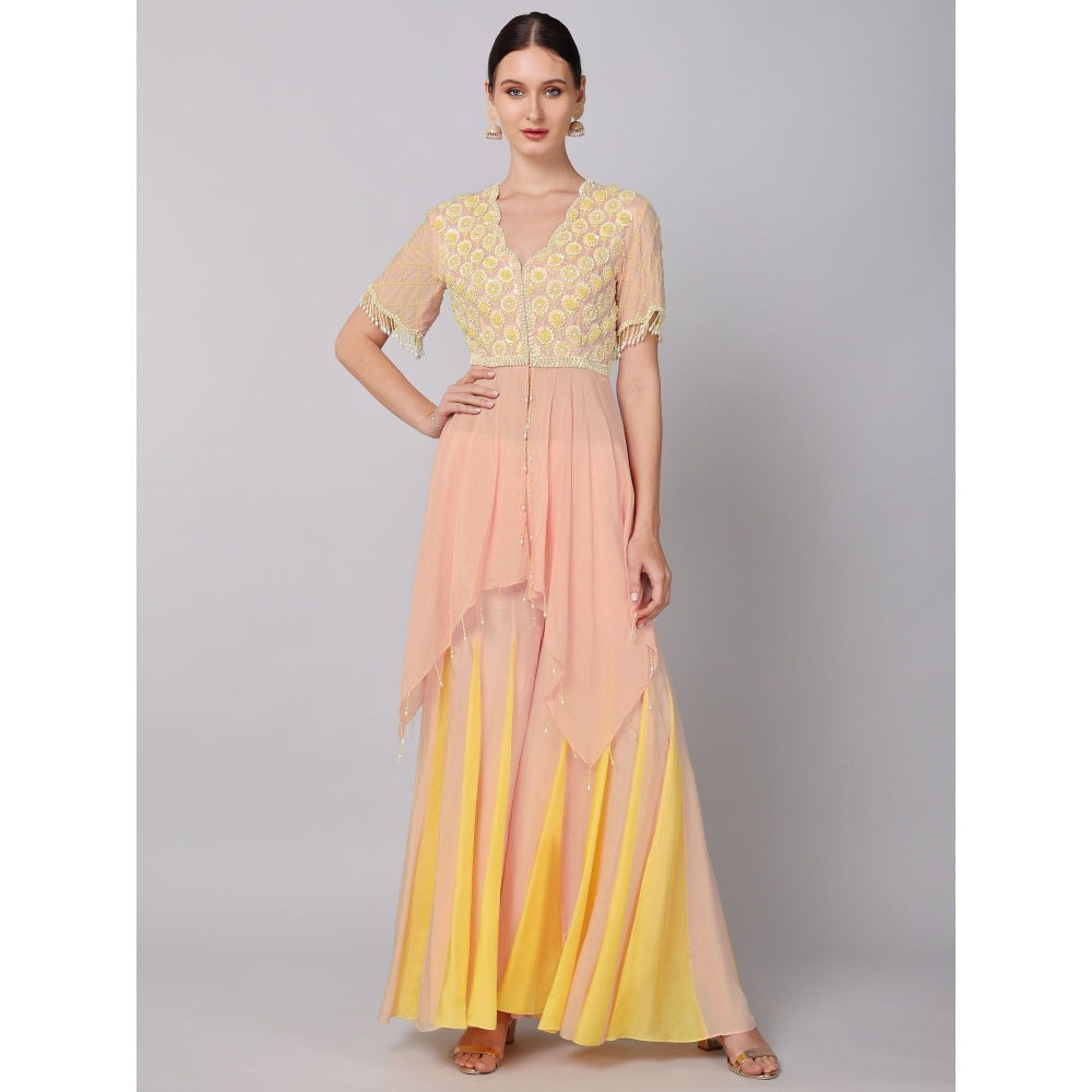 KEITH GOMES Pink Flower Motifs Embroidered Ombre Tunic & Sharara (Set of 2)