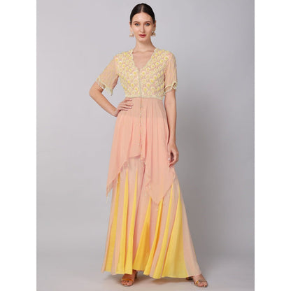 KEITH GOMES Pink Flower Motifs Embroidered Ombre Tunic & Sharara (Set of 2)