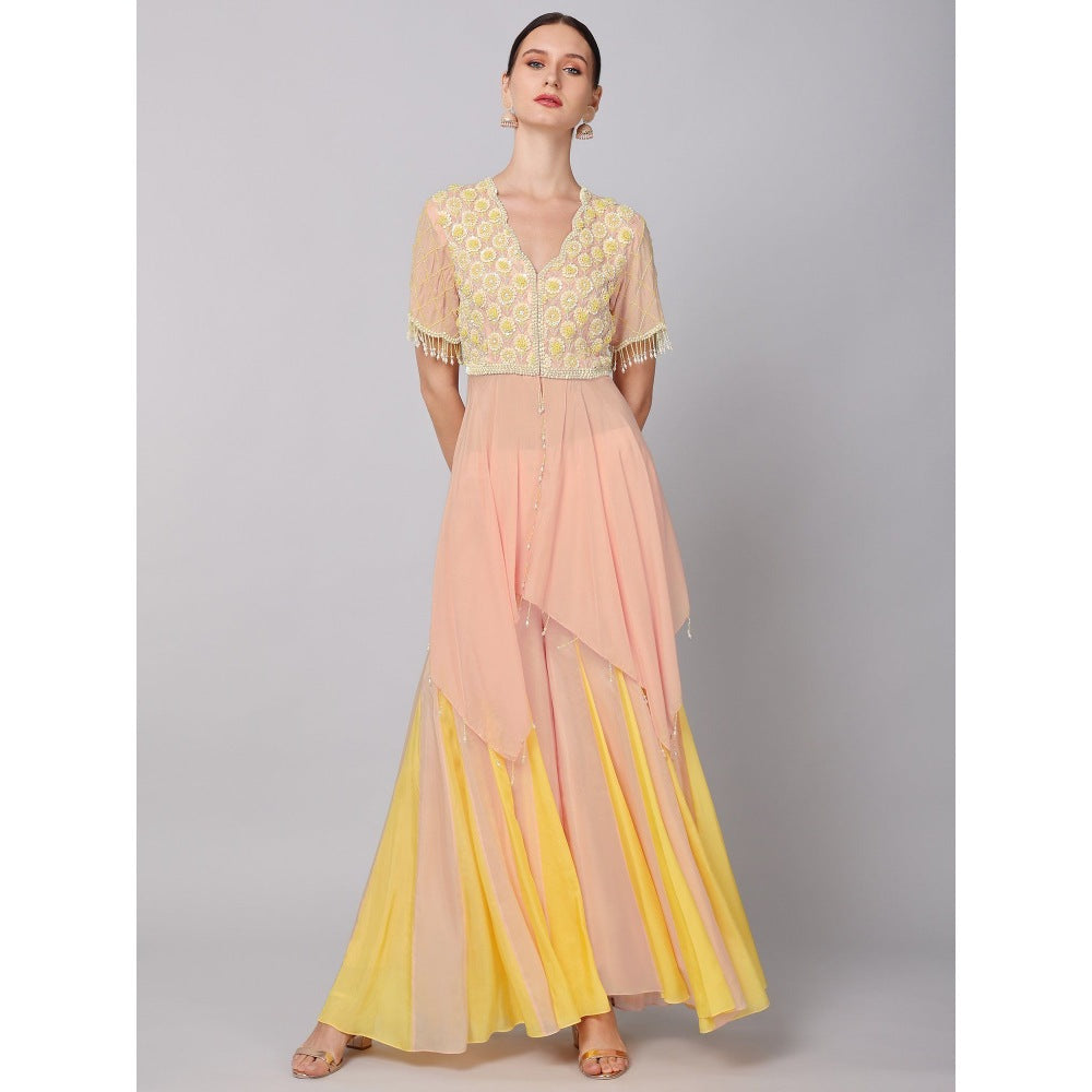 KEITH GOMES Pink Flower Motifs Embroidered Ombre Tunic & Sharara (Set of 2)