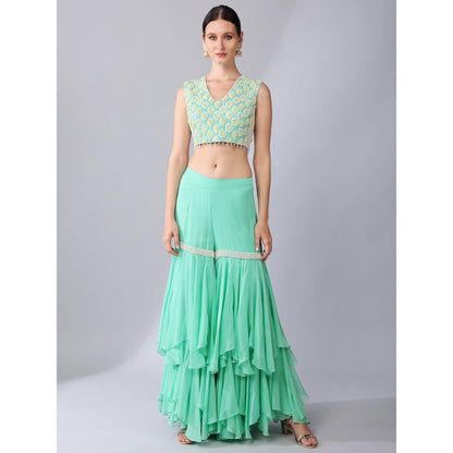KEITH GOMES Green Flower Motifs Crop Top Sharara & Cape (Set of 3)