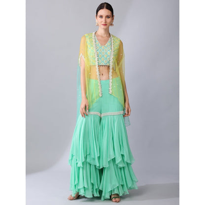 KEITH GOMES Green Flower Motifs Crop Top Sharara & Cape (Set of 3)