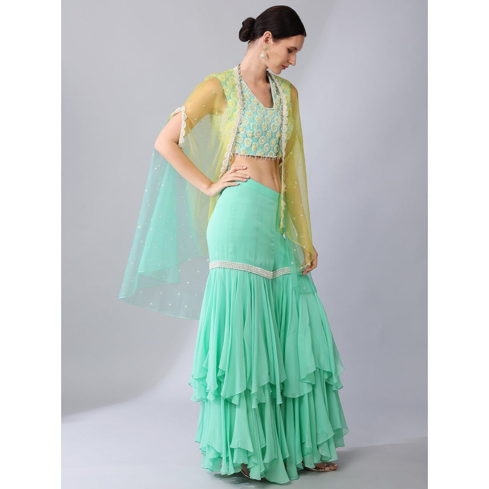 KEITH GOMES Green Flower Motifs Crop Top Sharara & Cape (Set of 3)