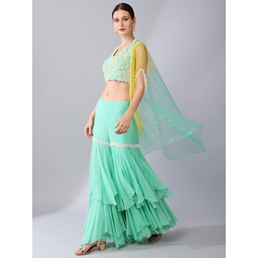KEITH GOMES Green Flower Motifs Crop Top Sharara & Cape (Set of 3)