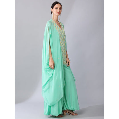 KEITH GOMES Green Flower Motifs Panel Tunic & Palazzo (Set of 2)
