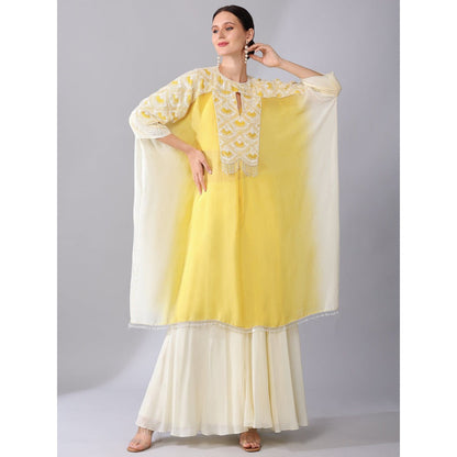 KEITH GOMES Ivory Bead Embroidered Yellow Kaftan & Palazzo And Slip (Set of 3)