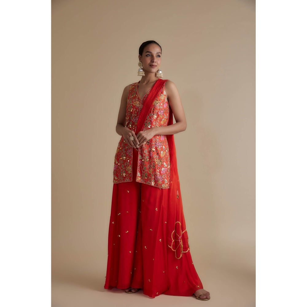 KEITH GOMES Red Embellished Tunic & An Attached Drape Dupatta Palazzo (Set of 3)