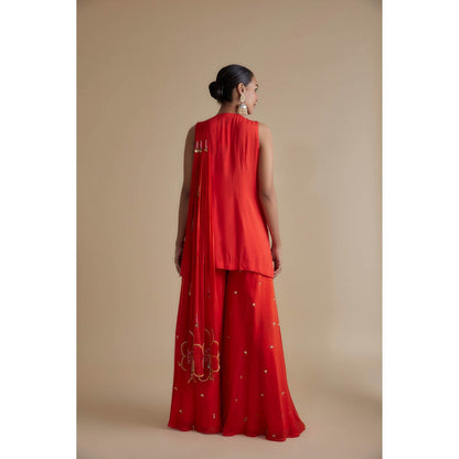 KEITH GOMES Red Embellished Tunic & An Attached Drape Dupatta Palazzo (Set of 3)