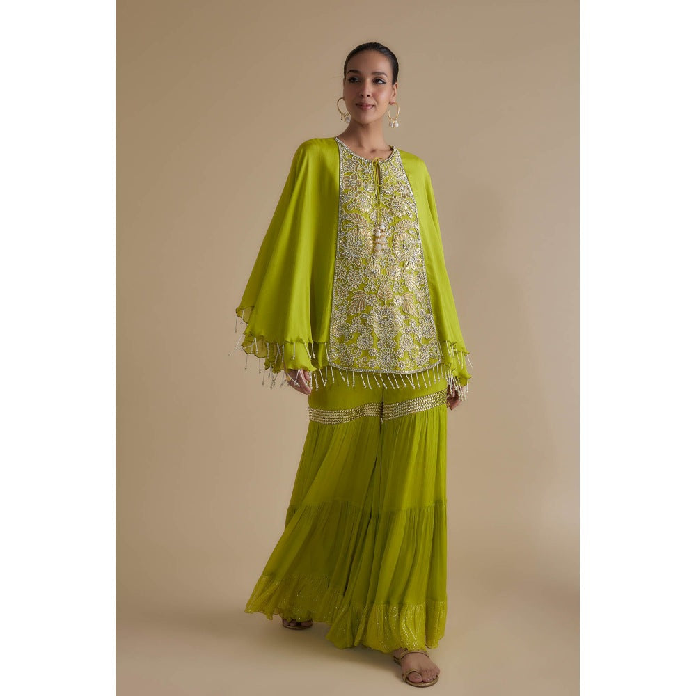 KEITH GOMES Green Bead Embroidered Double Layer Tunic & Palazzo (Set of 2)