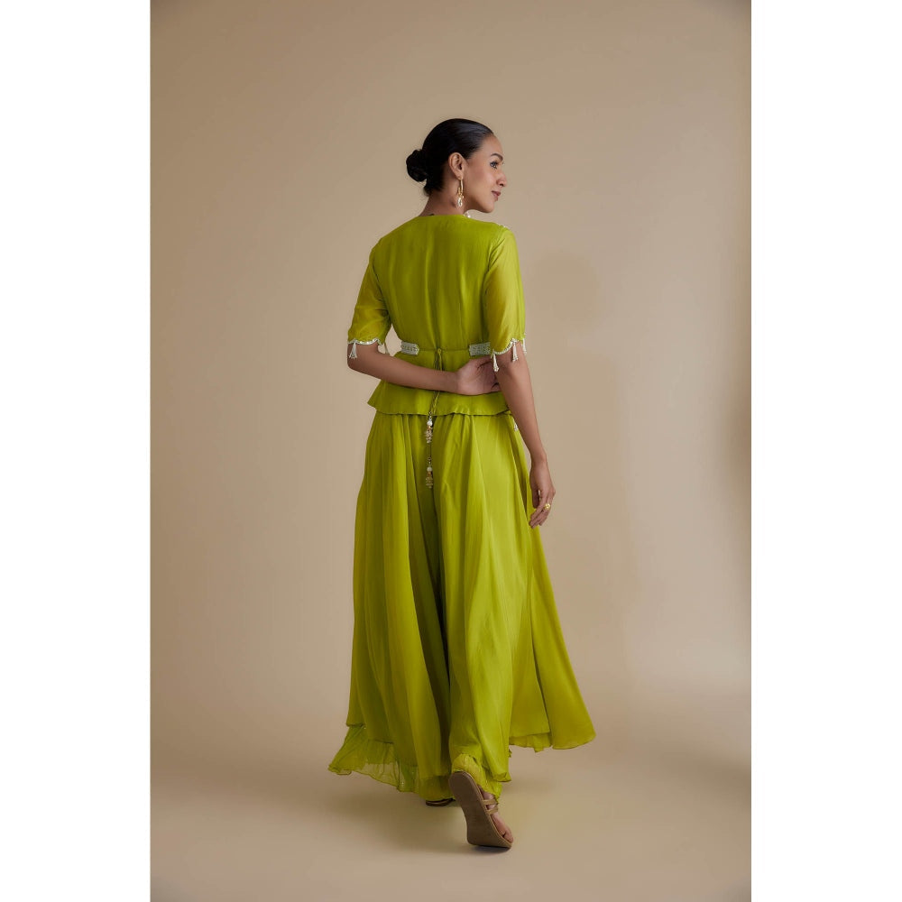 KEITH GOMES Green Bead Mirror Embroidered Peplum Top & Palazzo (Set of 3)