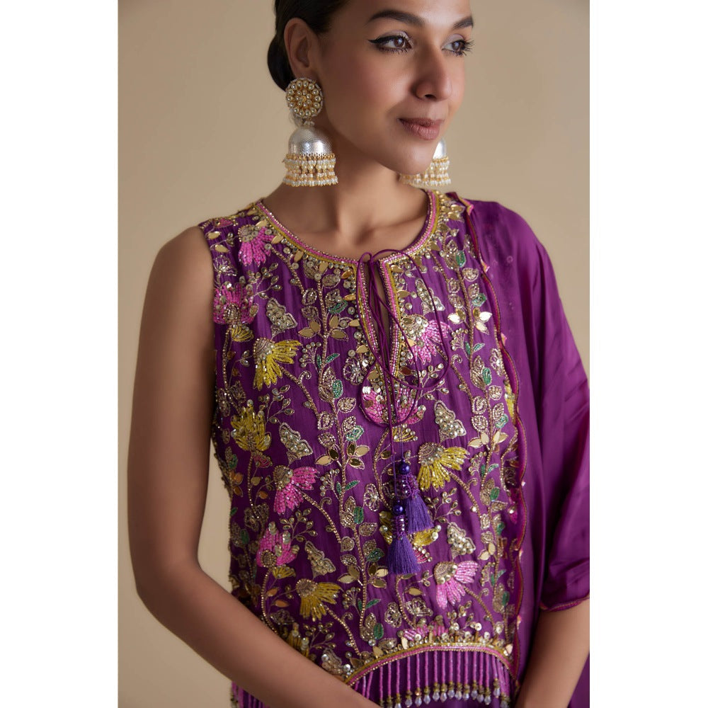 KEITH GOMES Purple Embellished Tunic Dupatta & Palazzo (Set of 3)