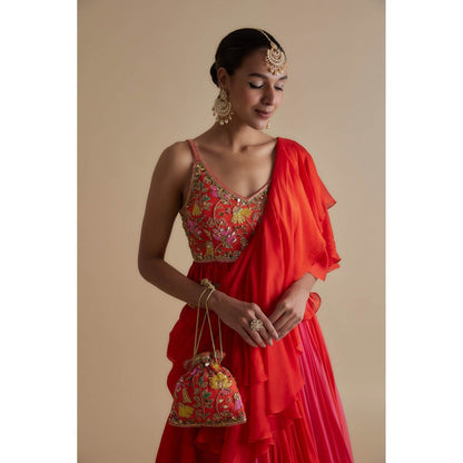 KEITH GOMES Red Embellished Blouse With A Skirt Drape Paired With A Potli Bag (Set of 3)