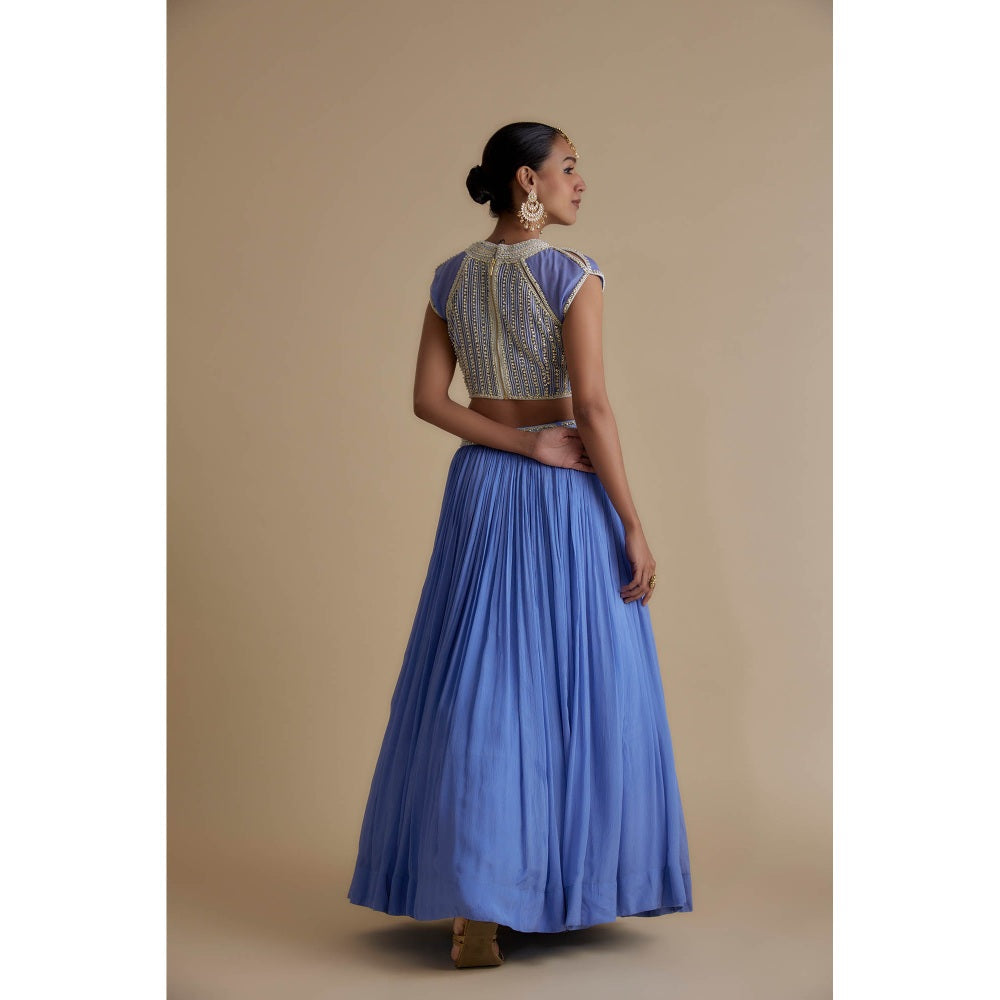 KEITH GOMES Blue Mirror And Bead Embroidered Blouse & Skirt (Set of 2)