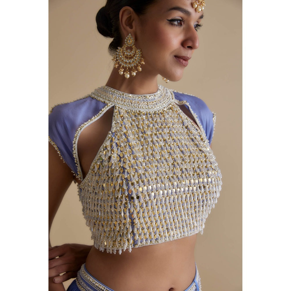 KEITH GOMES Blue Mirror And Bead Embroidered Blouse & Skirt (Set of 2)