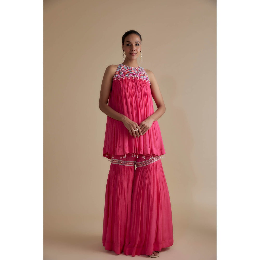 KEITH GOMES Pink Glass Bead Embellished Incut Tunic & Sharara (Set of 2)