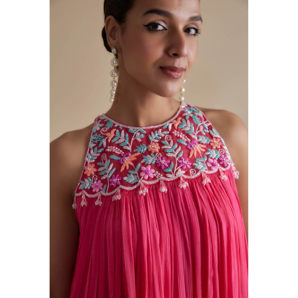 KEITH GOMES Pink Glass Bead Embellished Incut Tunic & Sharara (Set of 2)