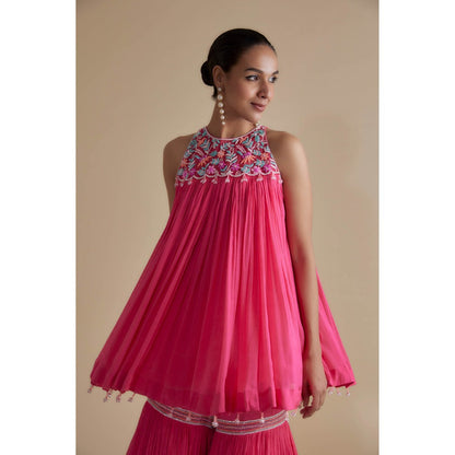 KEITH GOMES Pink Glass Bead Embellished Incut Tunic & Sharara (Set of 2)