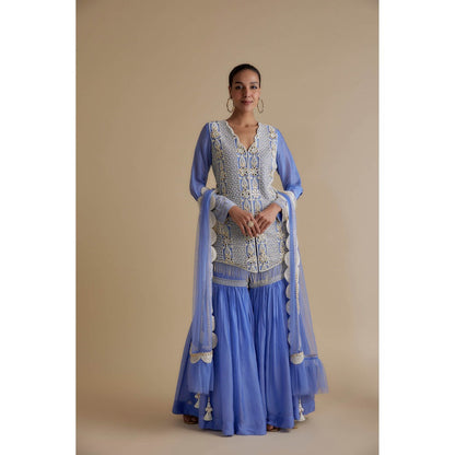 KEITH GOMES Blue Sequin And Mirror Embroidered Tunic Sharara & Dupatta (Set of 3)