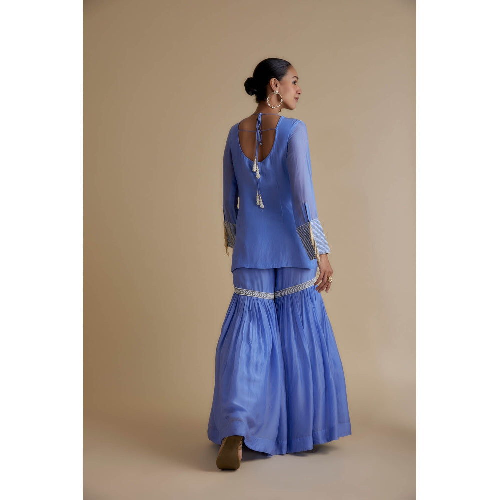 KEITH GOMES Blue Sequin And Mirror Embroidered Tunic Sharara & Dupatta (Set of 3)