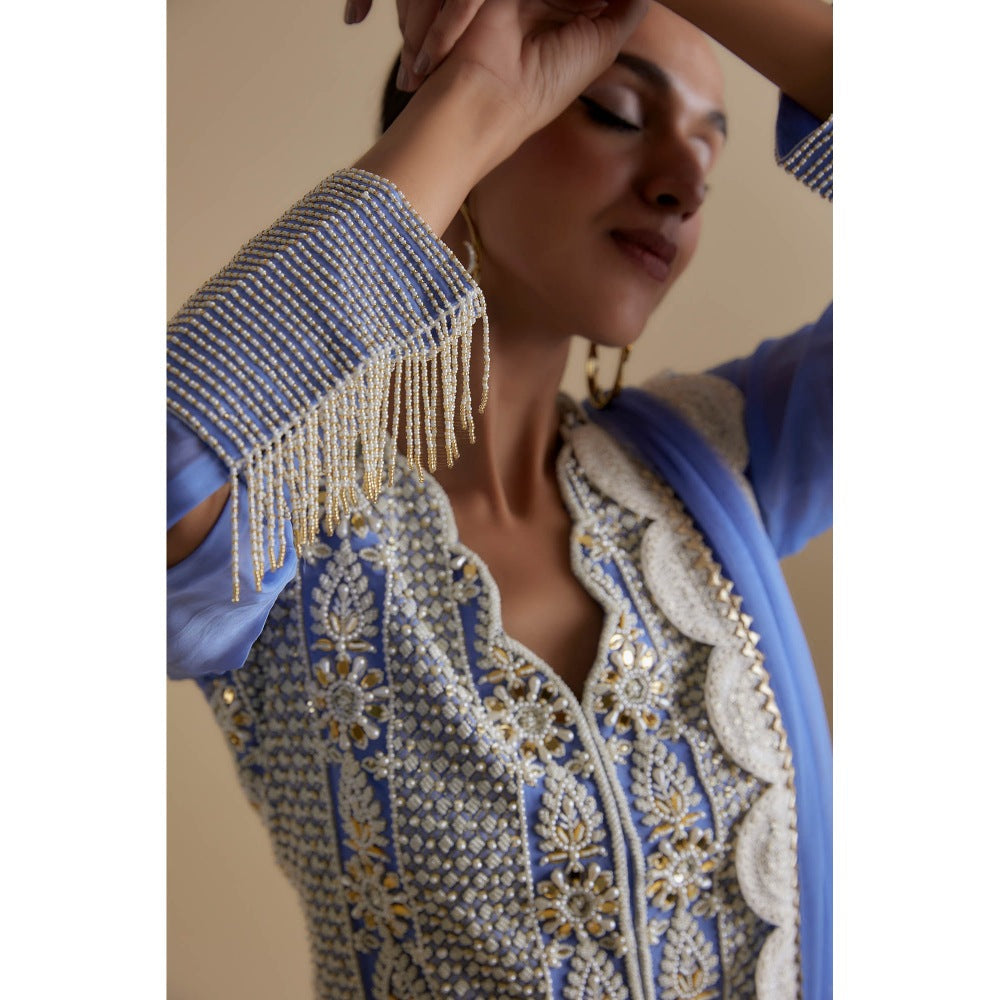 KEITH GOMES Blue Sequin And Mirror Embroidered Tunic Sharara & Dupatta (Set of 3)