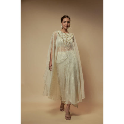 KEITH GOMES Ivory Organza Cape With Drape Skirt And Blouse (Set of 3)