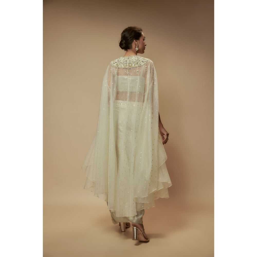 KEITH GOMES Ivory Organza Cape With Drape Skirt And Blouse (Set of 3)