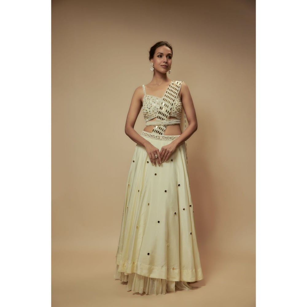 KEITH GOMES Ivory Mirror Lehenga With Blouse And Drape (Set of 3)