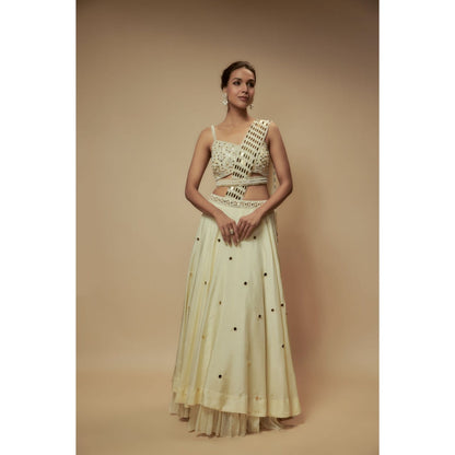 KEITH GOMES Ivory Mirror Lehenga With Blouse And Drape (Set of 3)