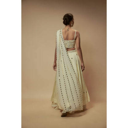 KEITH GOMES Ivory Mirror Lehenga With Blouse And Drape (Set of 3)