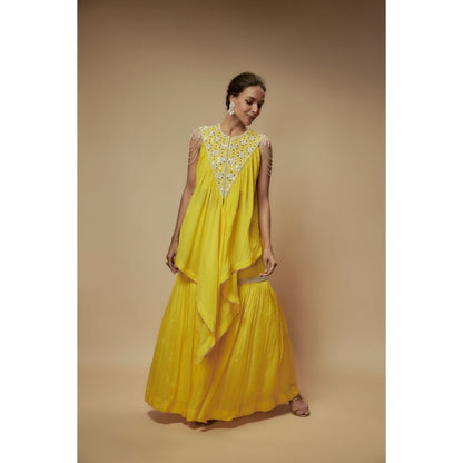 KEITH GOMES Yellow Bead Sharara With Tunic And Slip (Set of 3)