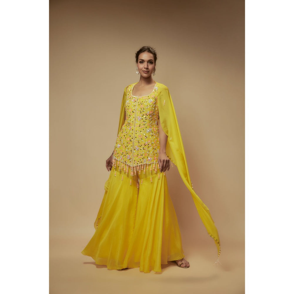 KEITH GOMES Yellow Organza Sharara With Tunic And Dupatta (Set of 3)