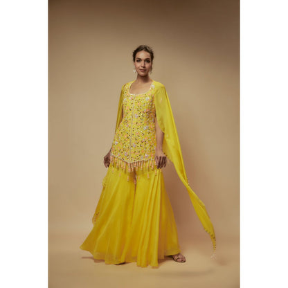 KEITH GOMES Yellow Organza Sharara With Tunic And Dupatta (Set of 3)