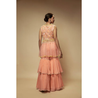 KEITH GOMES Peach Organza Peplum Top With Sharara (Set of 2)