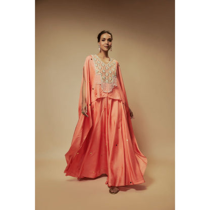 KEITH GOMES Peach Silk Flare Palazzo With Top And Slip (Set of 3)