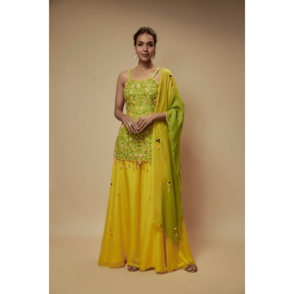 KEITH GOMES Green Organza Palazzo With Top And Dupatta (Set of 3)