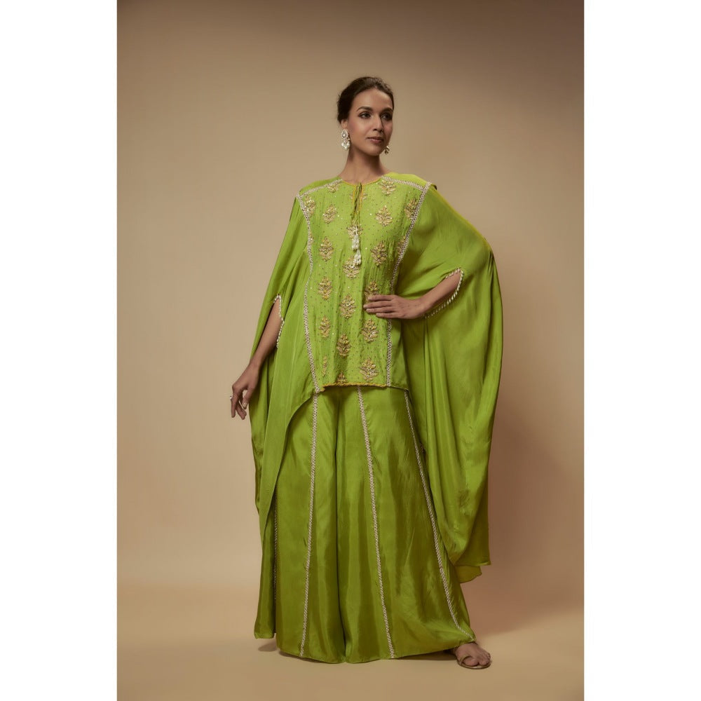 KEITH GOMES Green Silk Flare Palazzo With Cape Style Top (Set of 2)