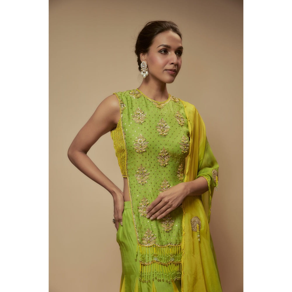 KEITH GOMES Green Silk Organza Top With Sharara And Dupatta (Set of 3)