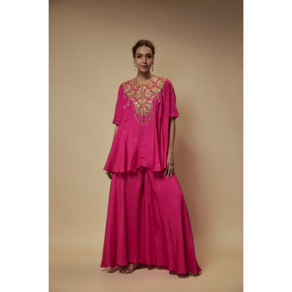 KEITH GOMES Pink Silk Flare Palazzo With Top And Slip (Set of 3)