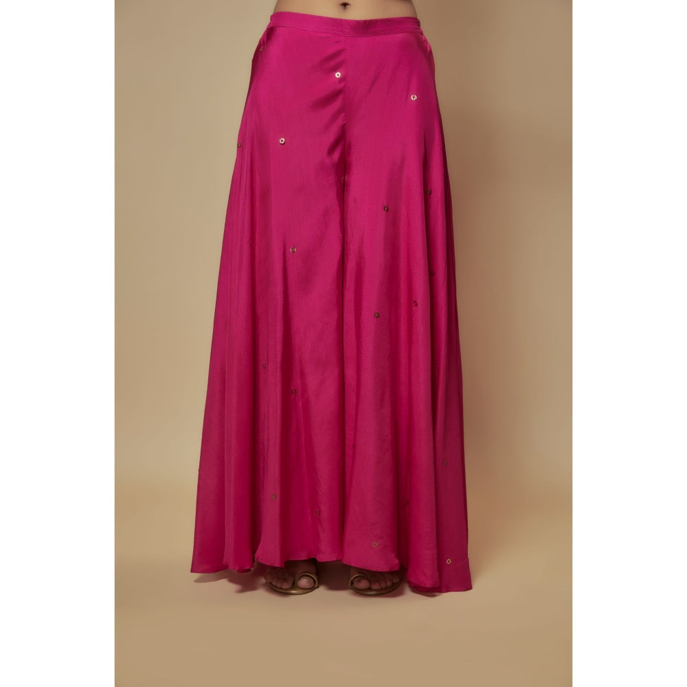 KEITH GOMES Pink Silk Flare Palazzo With Top And Slip (Set of 3)