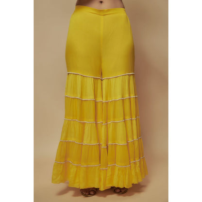 KEITH GOMES Yellow Chiffon Crepe Tier Sharara With Top And Slip (Set of 3)