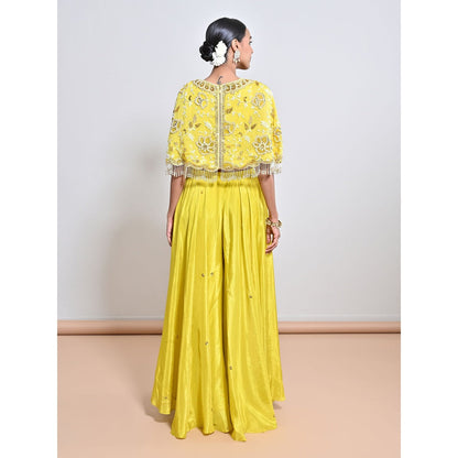 KEITH GOMES Yellow Embroidered Cape with Slip and Palazzo